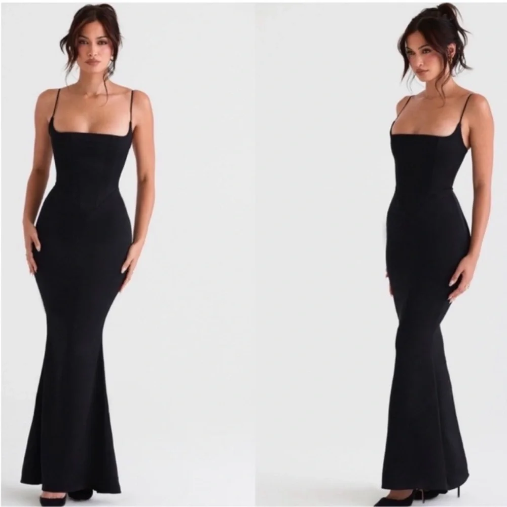 NWOT HOUSE OF CB Olivette Black Satin Corset Maxi Dress sz XS